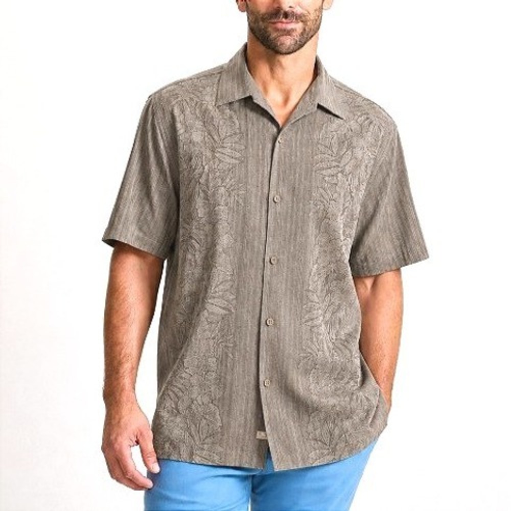 Tommy Bahama Beige Sand Maui Border Silk Camp Shirt Tropical Button Up L